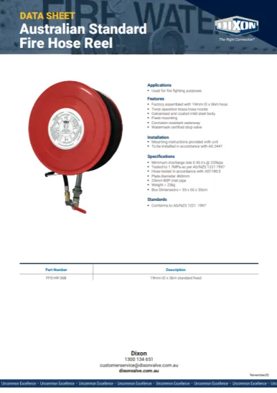 Australian Standard Fire Hose Reel - Data Sheet