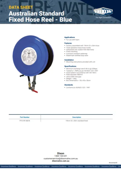 Australian Standard Fixed Hose Reel - Blue Data Sheet