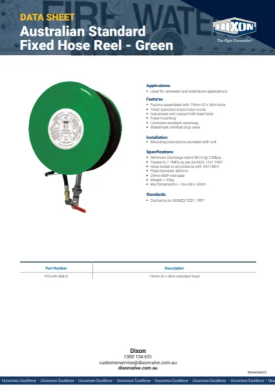 Australian Standard Fixed Hose Reel - Green Data Sheet
