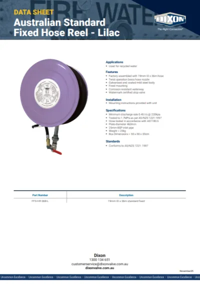 Australian Standard Fixed Hose Reel - Lilac Data Sheet