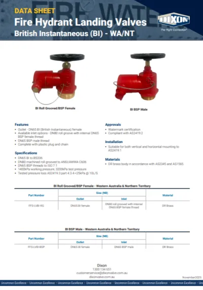 Fire Hydrant Landing Valves British Instantaneous - Data Sheet