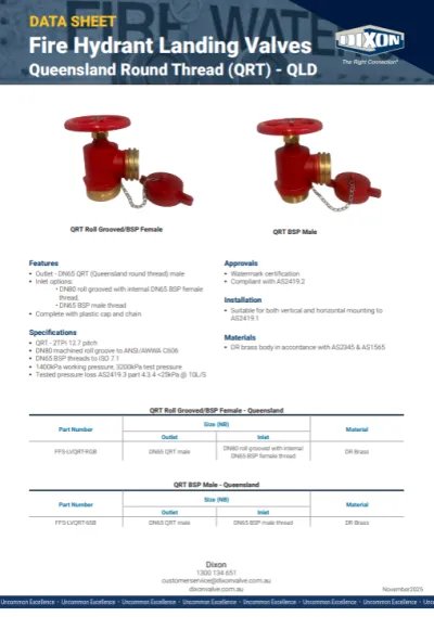 Fire Hydrant Landing Valves Queensland Round Thread - Data Sheet