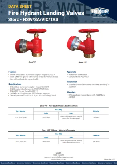 Fire Hydrant Landing Valves Storz - Data Sheet