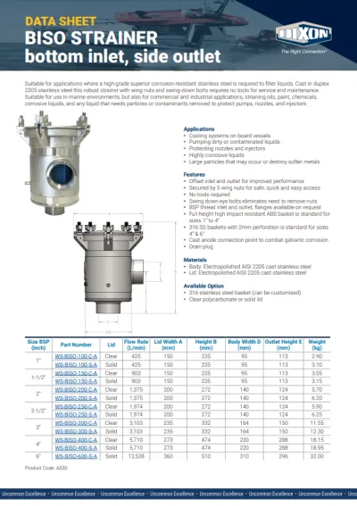 BISO Strainer - Bottom Inlet, Side Outlet Data Sheet