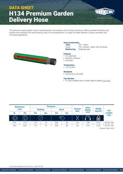H134 Premium Garden Delivery Hose - Data Sheet